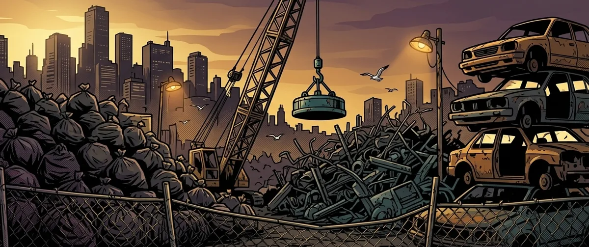 A city dump at dusk: hills of trash bags, a crane holding a magnet over the scrap heap and junked cars stacked high, the skyline behind.