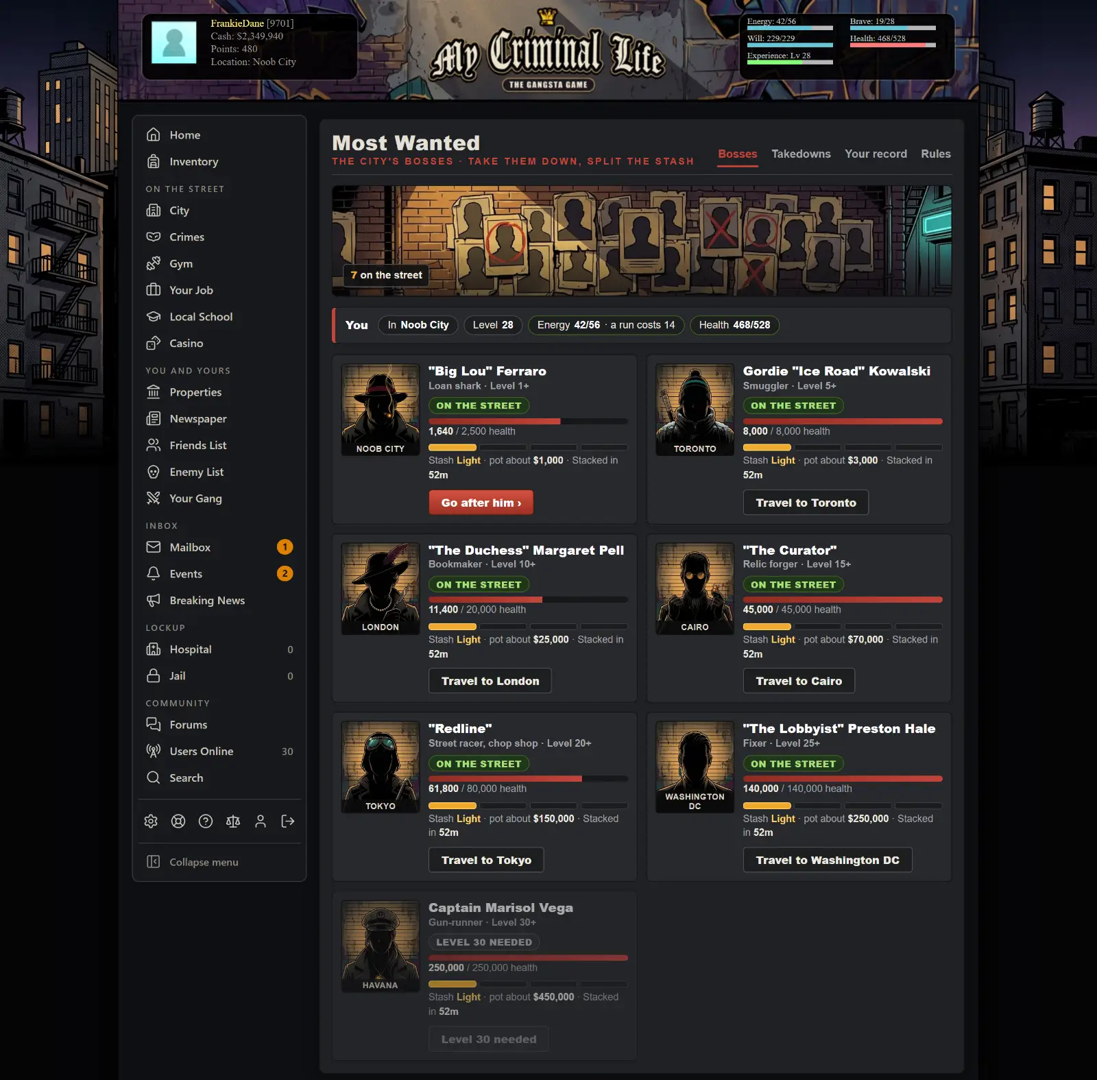Screenshot: Most Wanted. Seven bosses across seven cities. Take them down together and split the stash.