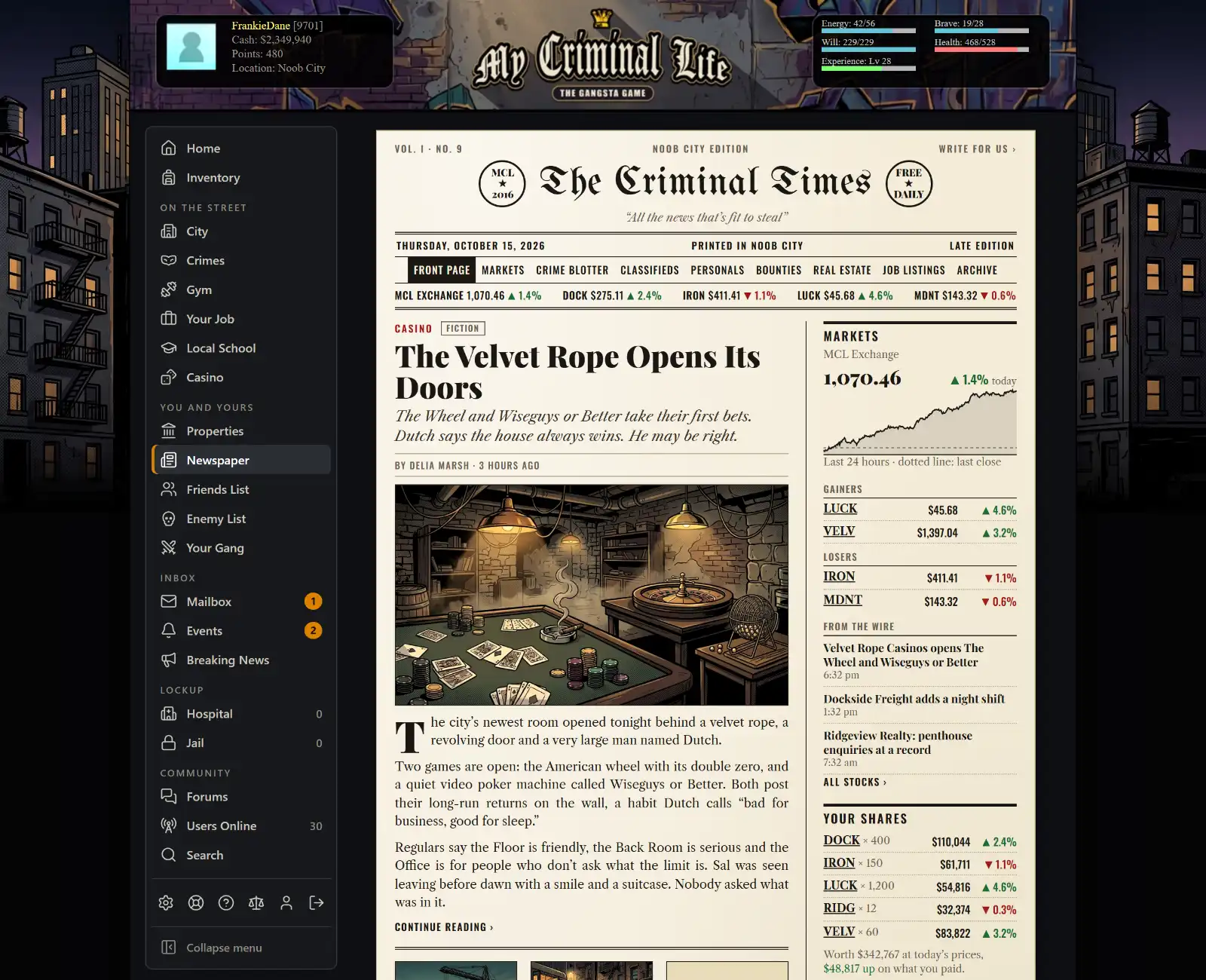 Screenshot: The Criminal Times. A daily paper with live markets, the crime blotter, bounties and classifieds, written by the players.