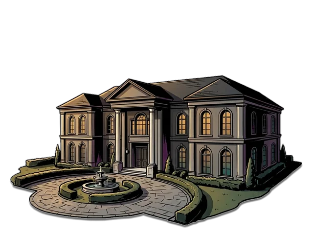 A mansion with a fountain in its drive, drawn in a comic-book style.