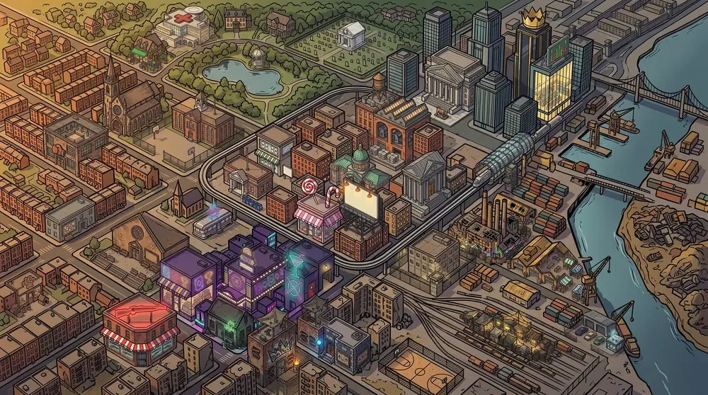 An illustrated map of Noob City: brick neighbourhoods, a park and a church, downtown towers, a neon-lit strip, the docks and a river.