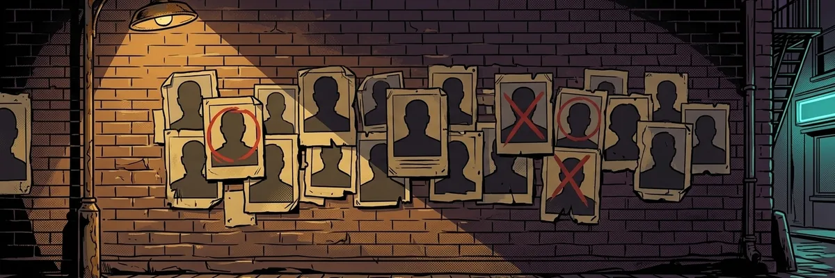 A brick wall in an alley covered in wanted photos of shadowed faces, some crossed out in red.